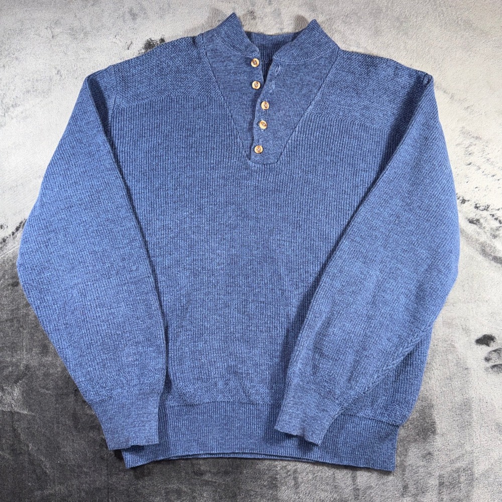 Cabelas Mens Blue Marled Henley Sweater Mock Neck Wood Buttons Large RN 56835